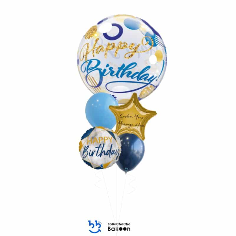 [Birthday] Birthday Blue & Gold Dots Mixed Bubble Balloon Bouquet (5pcs)