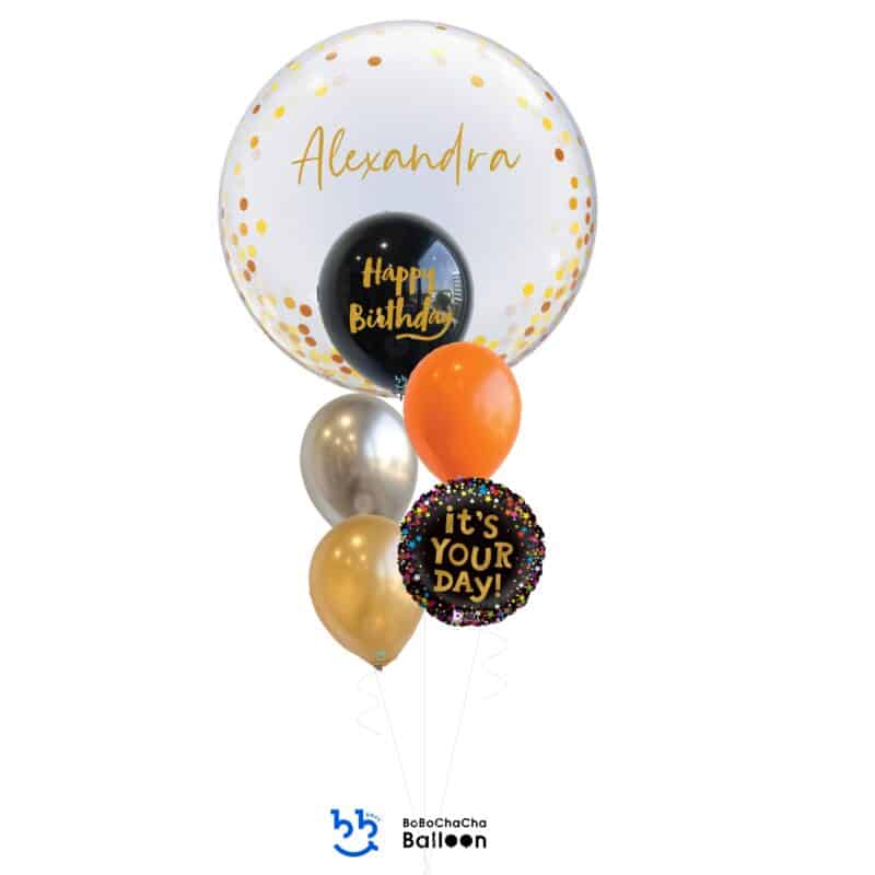 [Birthday] Gold Confetti Dots Happy Birthday Bubble Balloon Bouquet