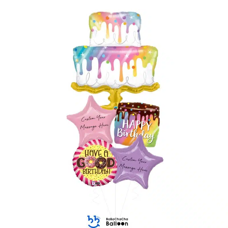 [Birthday] HAPPY BIRTHDAY Rainbow Drip Cake Foil Balloon Bouquet (5pcs)