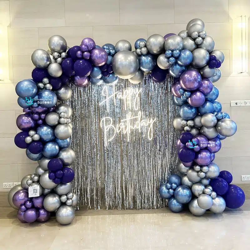 [Balloon Garland Backdrop] Deluxe Neon Birthday Backdrop with Tinsel Curtain & Balloon Garland