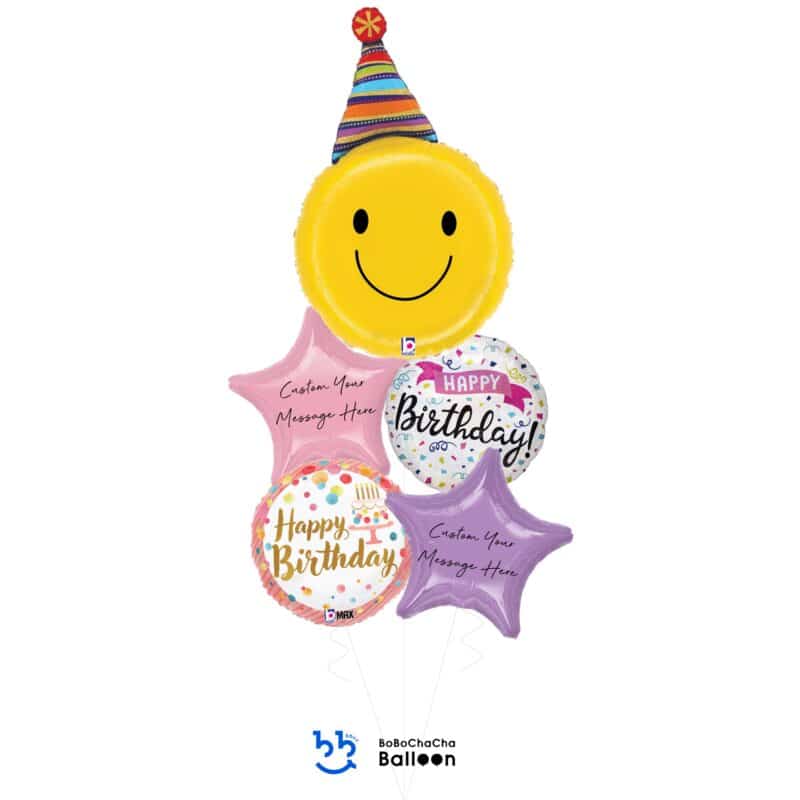 [Birthday] Party Hat Smiley Face Foil Balloon Bouquet (5pcs)