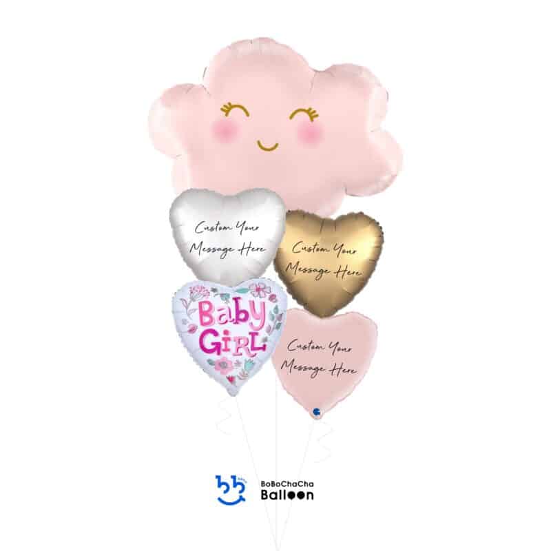 [Baby Shower] Baby Girl Clouds Satin Pastel Pink Foil Balloon Bouquet