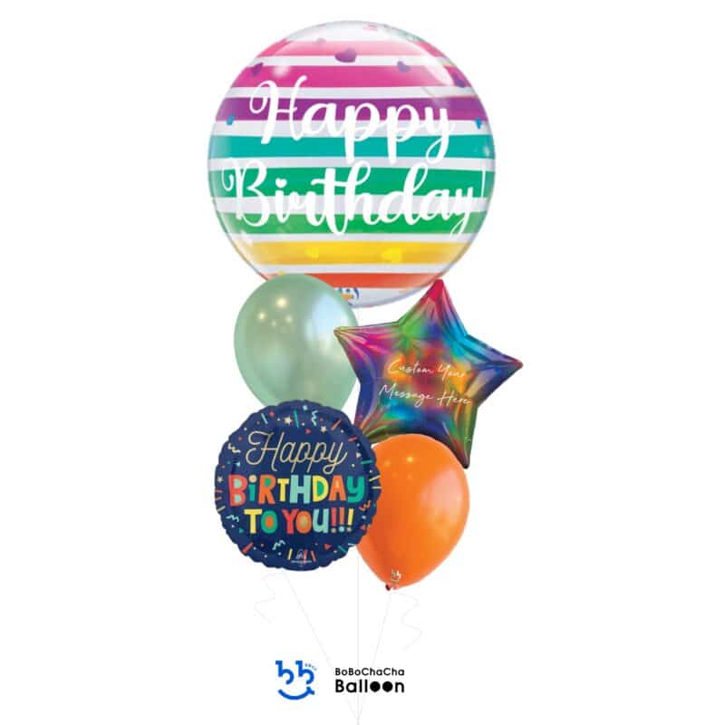 [Birthday] Birthday Bright Rainbow Stripes Mixed Bubble Balloon Bouquet (5pcs)