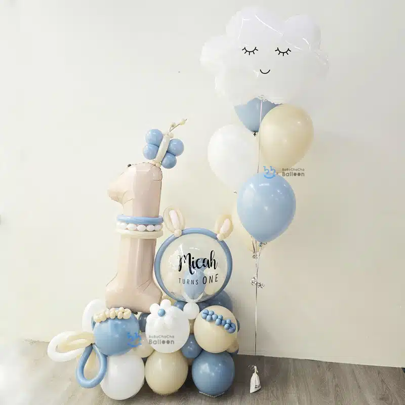 Balloon Stand - Blue Bunny Cloud theme with Personalised Balloons