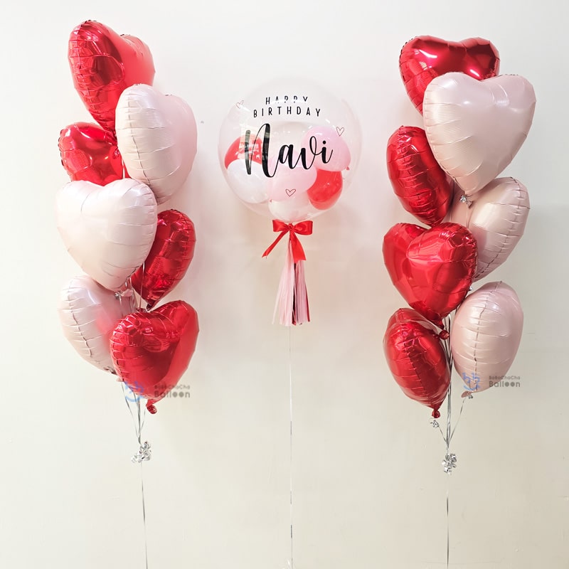Hearts Balloon Bouquet – With 24” Personalised Bubble balloon with mini hearts